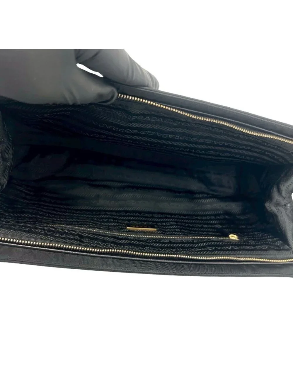 Prada Triangle Logo Nylon Leather Tote Shoulder Bag Black - Picture 9 of 10